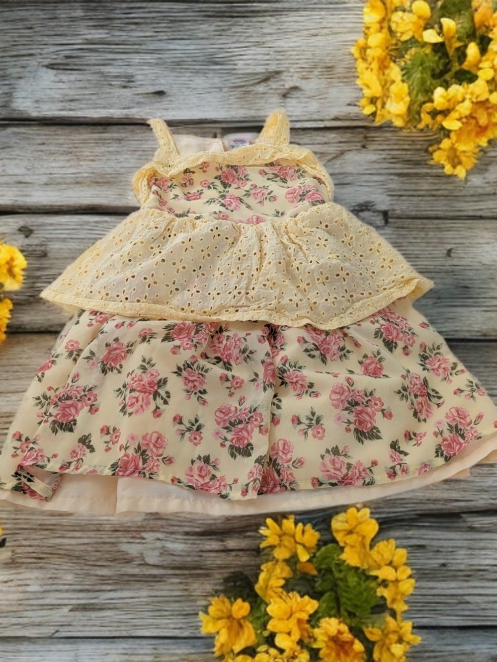 Little Lass Cream Floral Eyelet Tiered Dress with Pink Roses